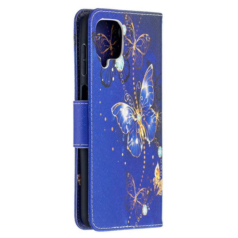 Capa Em Pele Para Samsung Galaxy M12 / A12 Borboletas Douradas