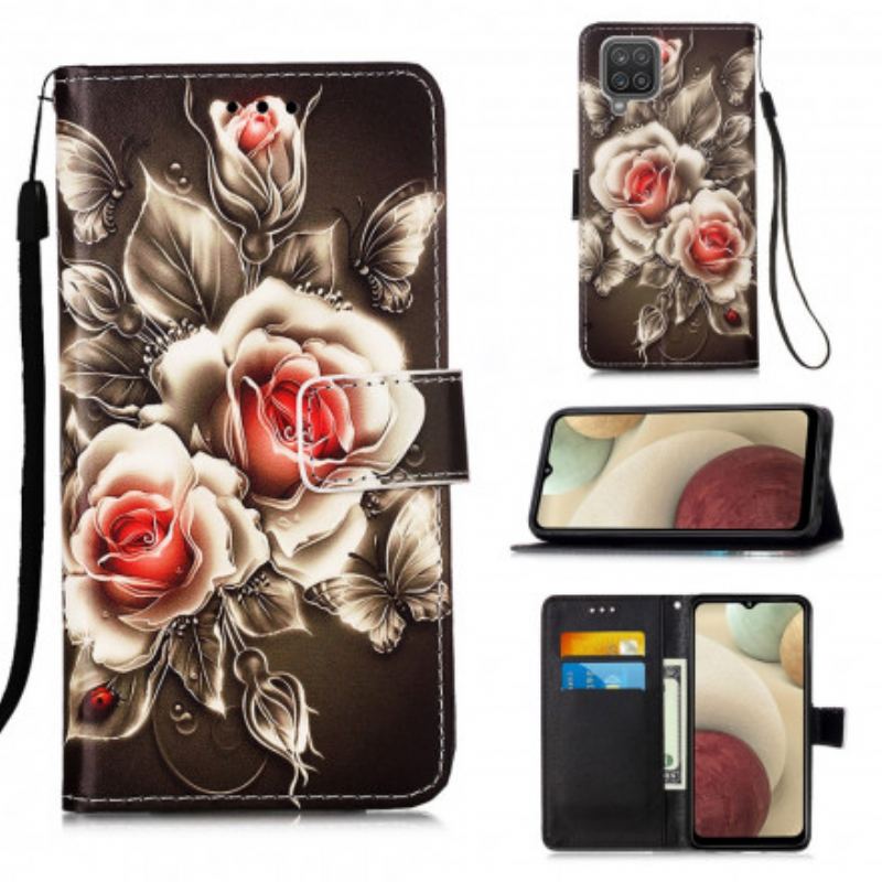 Capa Em Pele Para Samsung Galaxy M12 / A12 Rosas Douradas