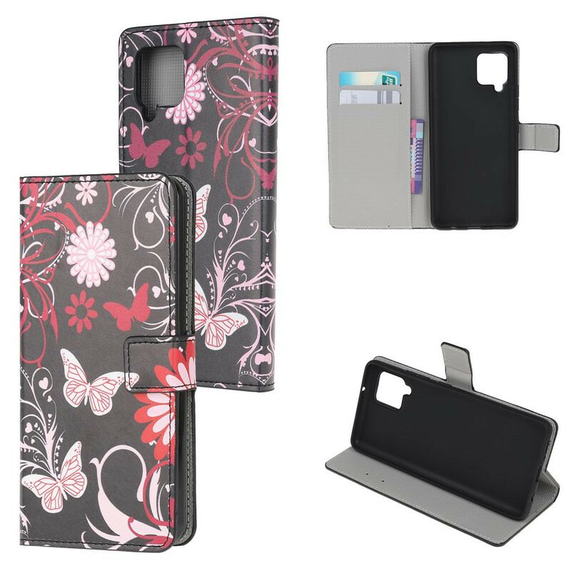 Capa Flip Para Samsung Galaxy M12 / A12 Borboletas E Flores