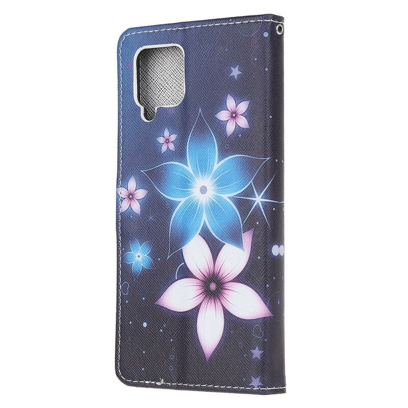 Capa Flip Para Samsung Galaxy M12 / A12 De Cordão Flores De Cinta Lunar