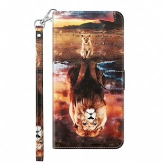 Capa Flip Para Samsung Galaxy M12 / A12 Leão De Ponto De Luz Com Cordão