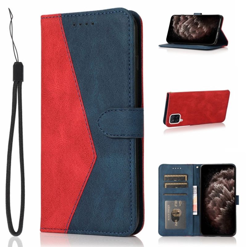 Capa Folio Para Samsung Galaxy M12 / A12 Couro Falso Triângulo De Dois Tons