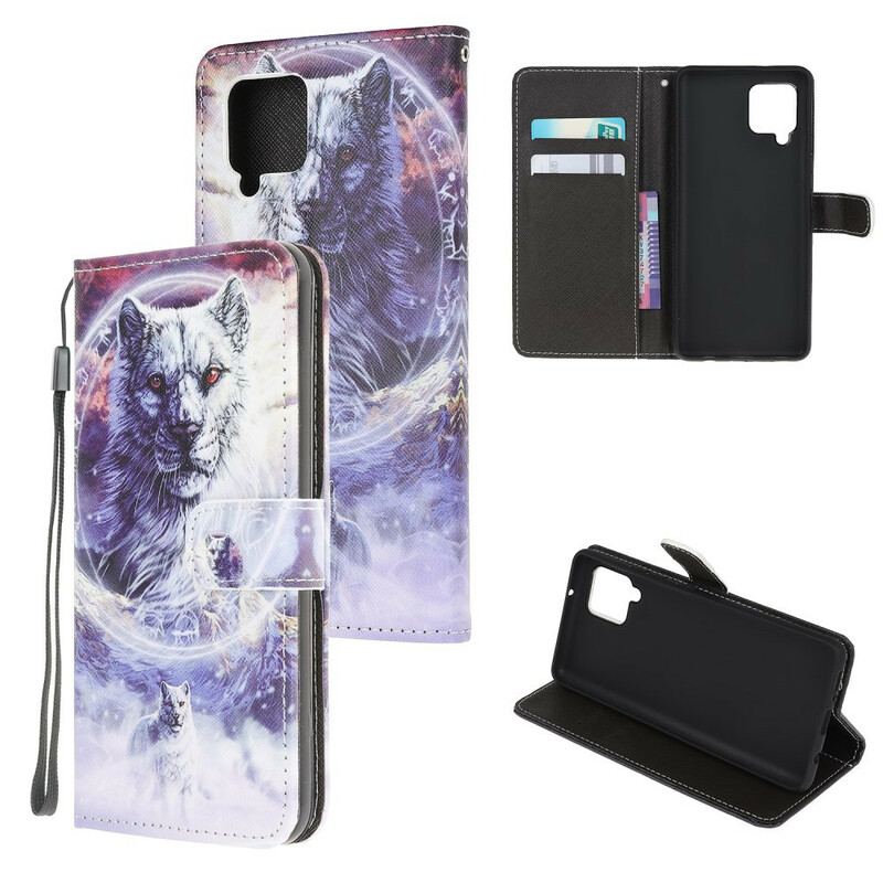 Capa Folio Para Samsung Galaxy M12 / A12 Lobo No Inverno Com Cordão