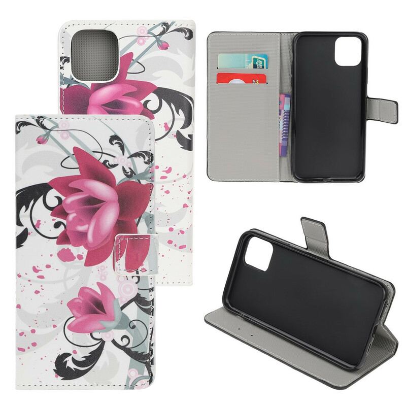 Capa De Couro Para iPhone 12 / 12 Pro Flores Tropicais