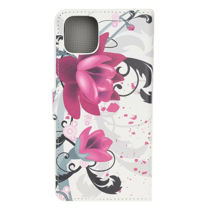 Capa De Couro Para iPhone 12 / 12 Pro Flores Tropicais