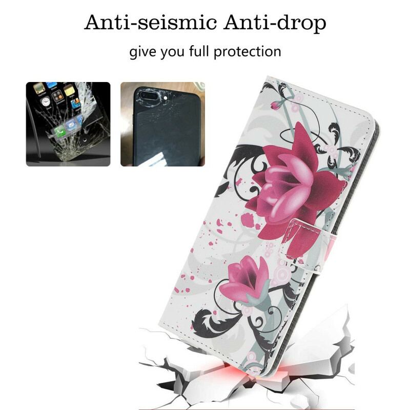 Capa De Couro Para iPhone 12 / 12 Pro Flores Tropicais