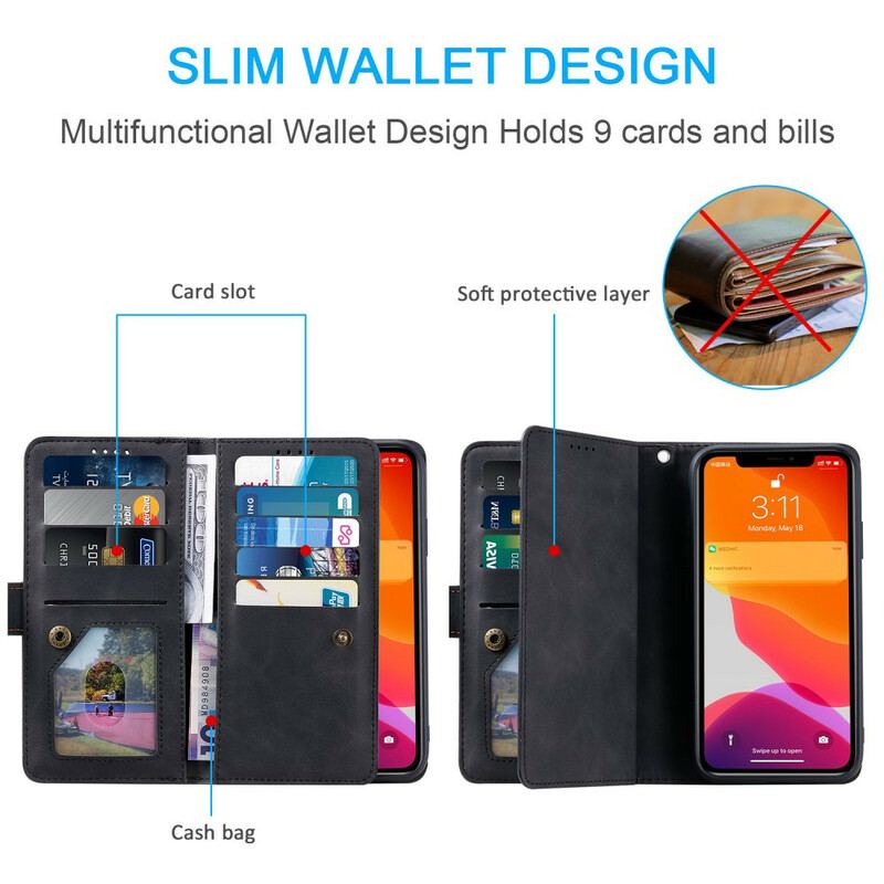 Capa De Couro Para iPhone 12 / 12 Pro Porta-moedas 9 Porta-cartões