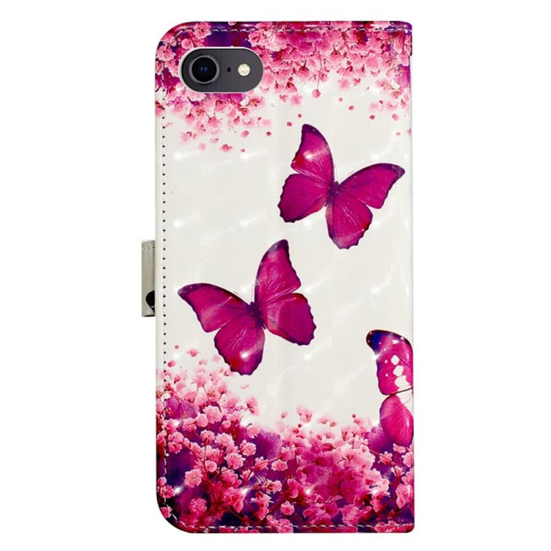 Capa Flip Para iPhone SE 3 / SE 2 / 8 / 7 De Cordão Tanga Borboletas
