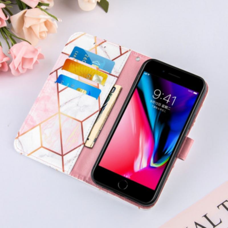 Capa Folio Para iPhone SE 3 / SE 2 / 8 / 7 Mármore Com Cordão