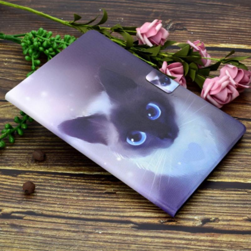Capa Em Pele Para Samsung Galaxy Tab A7 (2020) Gato De Olhos Azuis