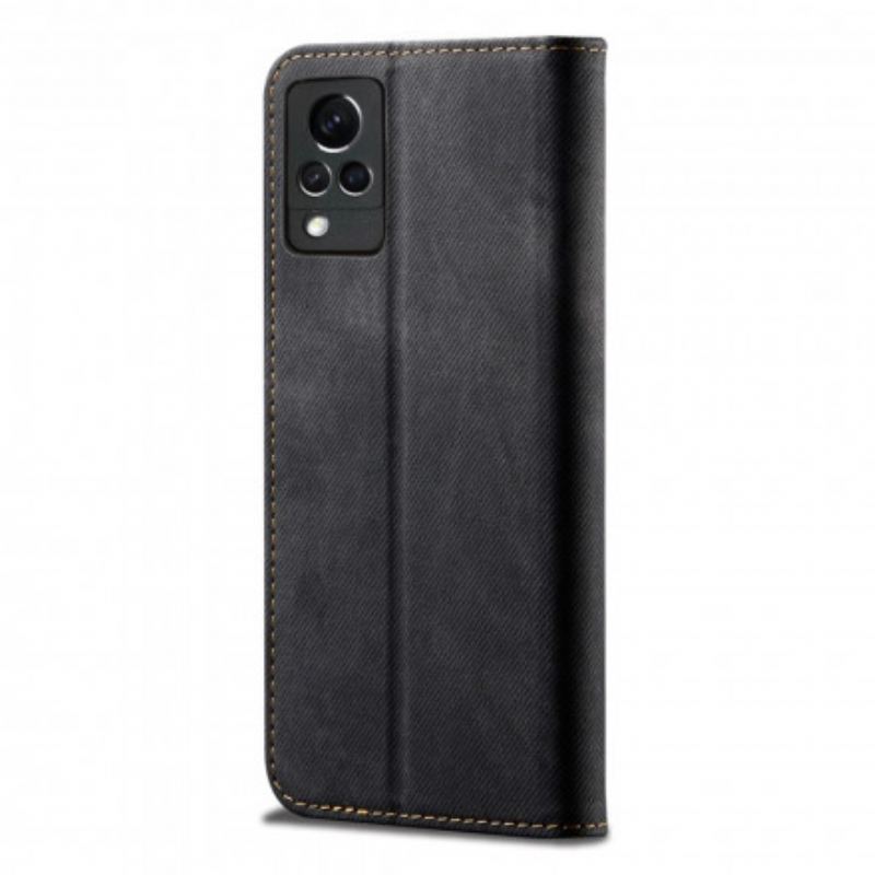 Capa De Celular Para Vivo V21 5G Flip Textura De Jeans De Couro Sintético