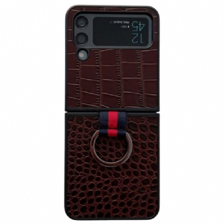 Capa De Celular Para Samsung Galaxy Z Flip 4 De Couro Estilo Crocodilo E Anel