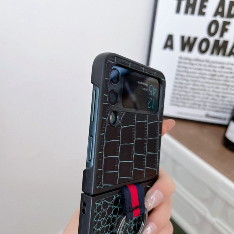 Capa De Celular Para Samsung Galaxy Z Flip 4 De Couro Estilo Crocodilo E Anel