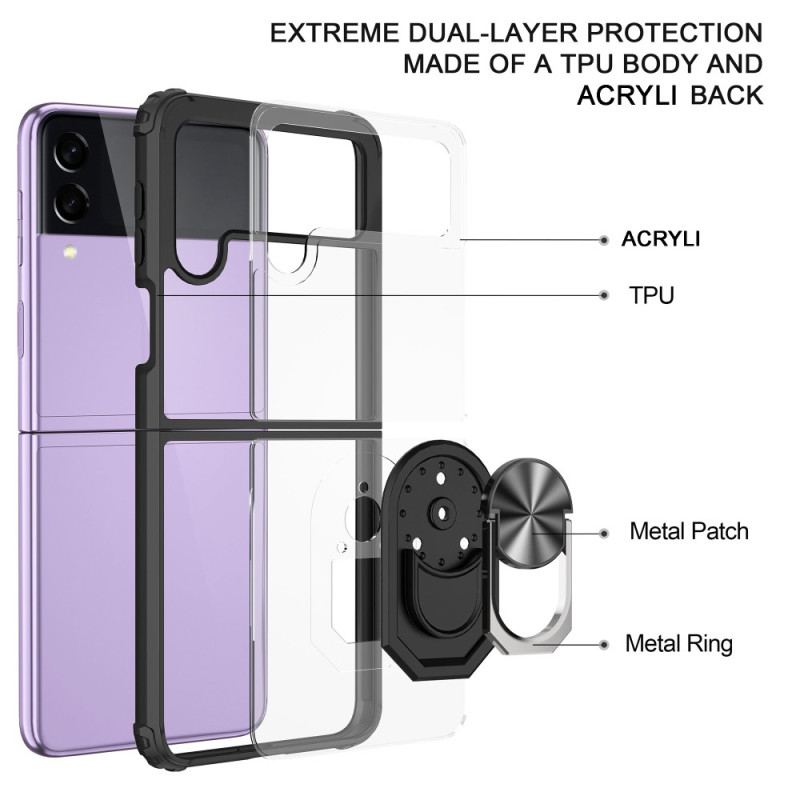 Capa Para Samsung Galaxy Z Flip 4 De Couro Anel De Metal Transparente