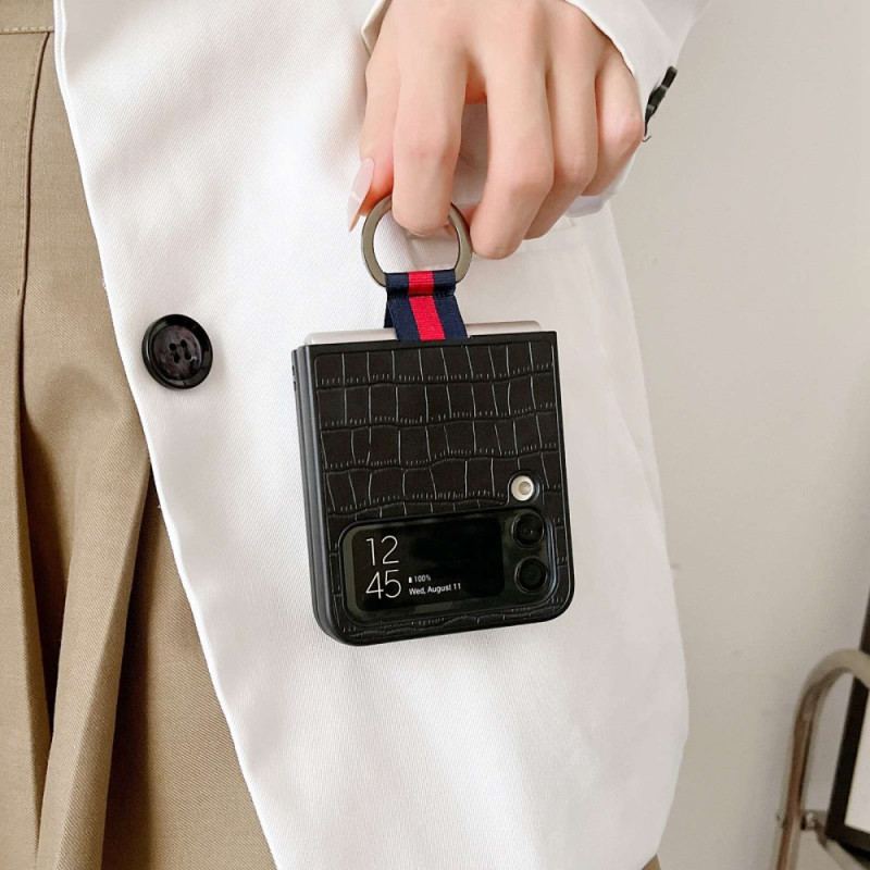 Capa Para Samsung Galaxy Z Flip 4 De Couro Croco E Design De Anel