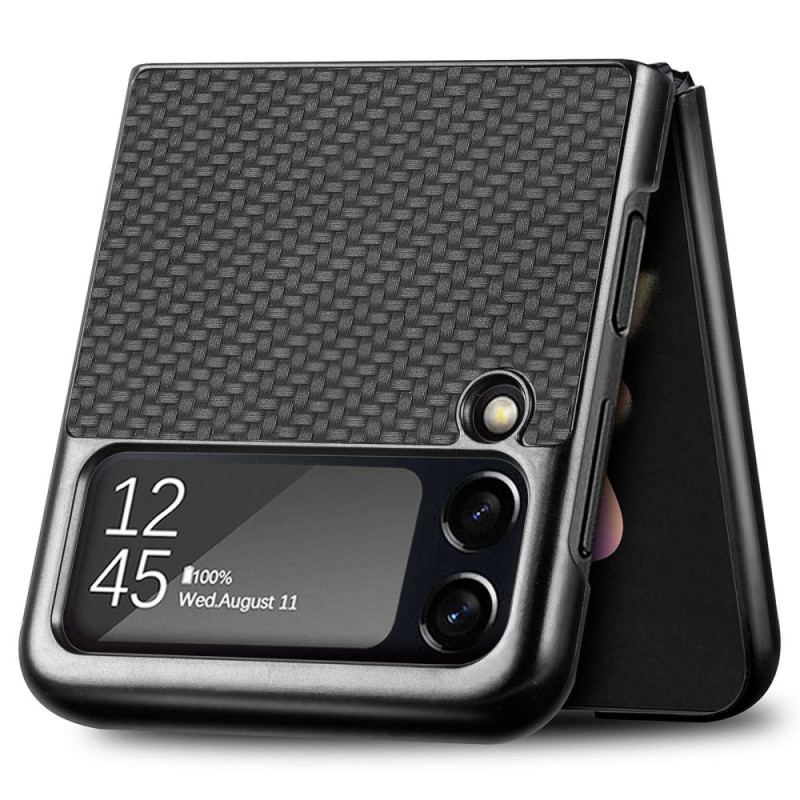 Capa Para Samsung Galaxy Z Flip 4 De Couro Fibra De Carbono Texturizada