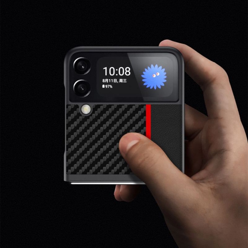 Capa Para Samsung Galaxy Z Flip 4 De Couro Linha De Fibra De Carbono