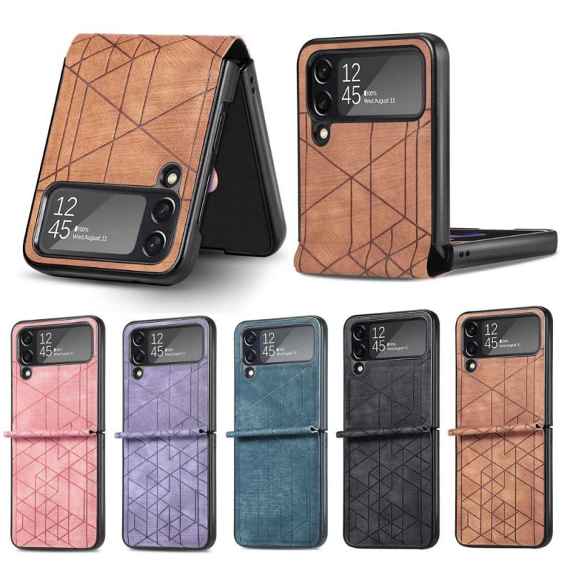 Capa Para Samsung Galaxy Z Flip 4 De Couro Linhas Geométricas