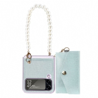 Capa Para Samsung Galaxy Z Flip 4 De Couro Porta-cartões E Cordões De Cordão