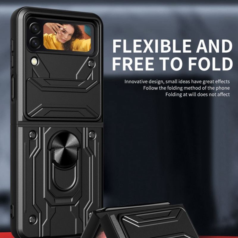 Capa Para Samsung Galaxy Z Flip 4 De Couro Tampa Da Lente Com Anel De Suporte