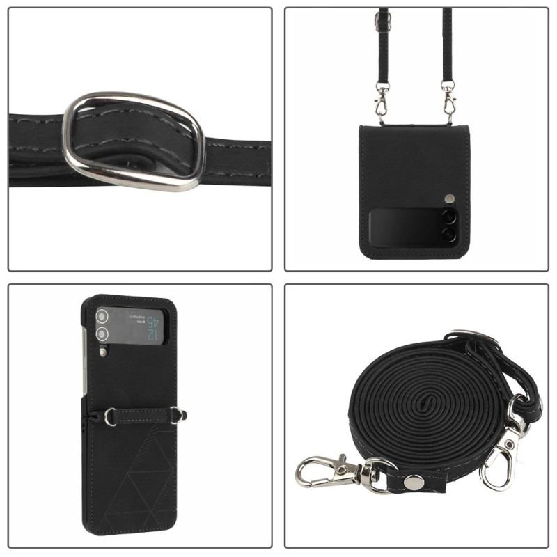 Capa Para Samsung Galaxy Z Flip 4 De Couro Triângulos Com Alça De Ombro