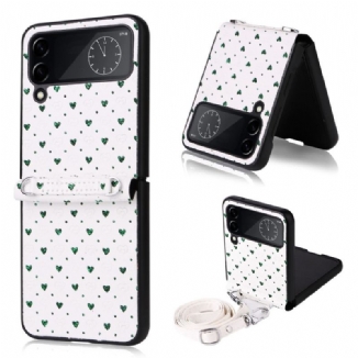 Capa Para Samsung Galaxy Z Flip 4 De Couro Vários Corações E Alça De Ombro