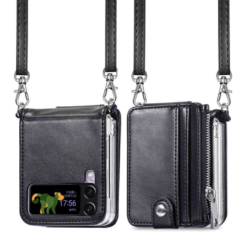 Capa Para Samsung Galaxy Z Flip 4 Capa Tipo Carteira De Couro Carteira Com Alça De Ombro