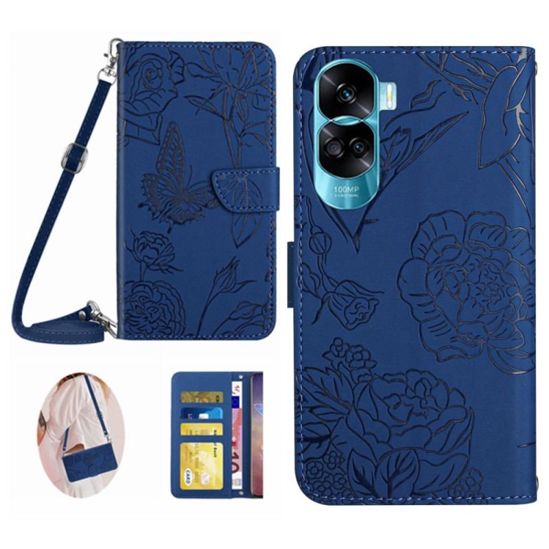 Capa De Couro Para Honor 90 Lite Borboletas E Alça De Ombro