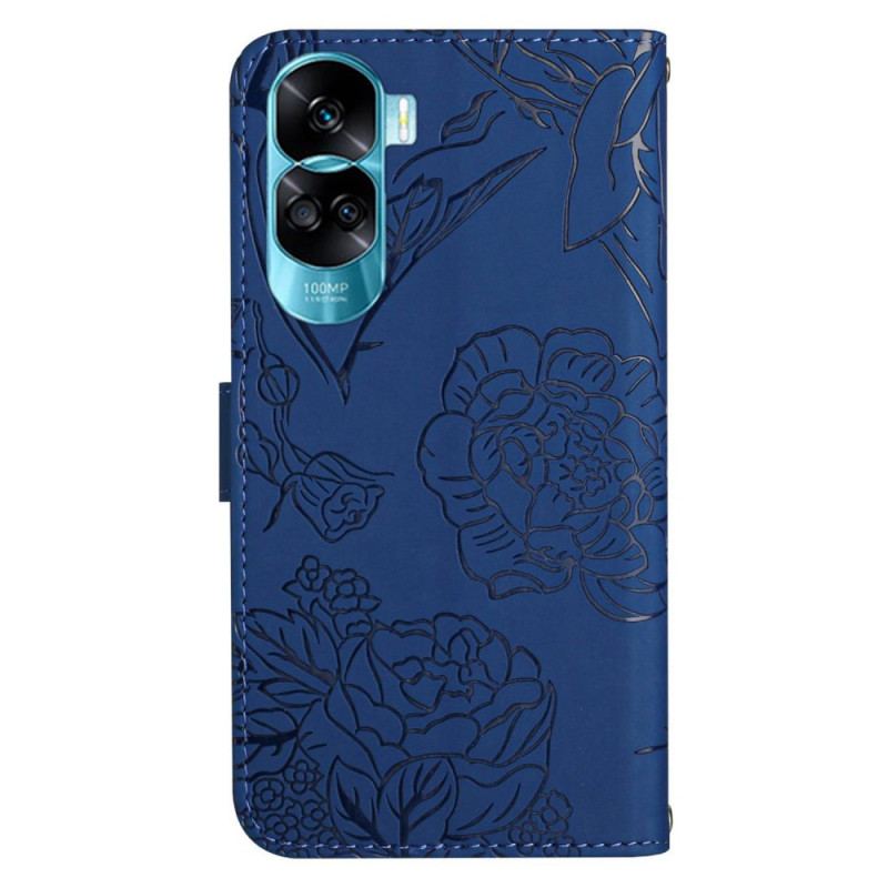 Capa De Couro Para Honor 90 Lite Borboletas E Alça De Ombro