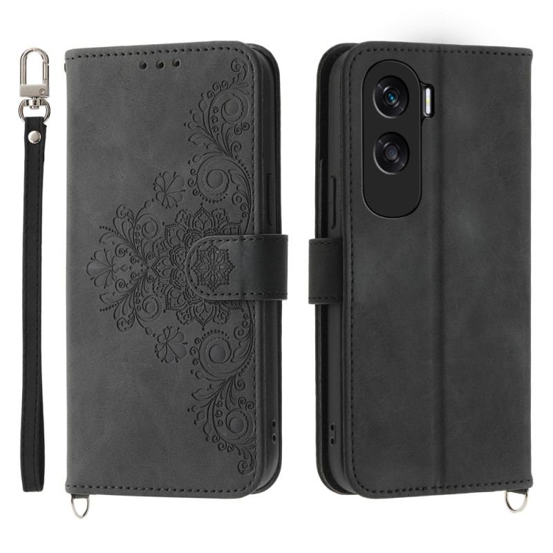 Capa De Couro Para Honor 90 Lite Renda Com Alça E Alça De Ombro