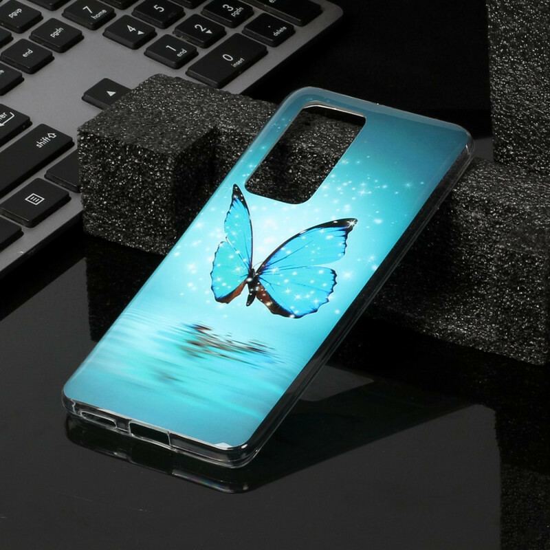 Capa Para Huawei P40 Pro Borboleta Azul Fluorescente