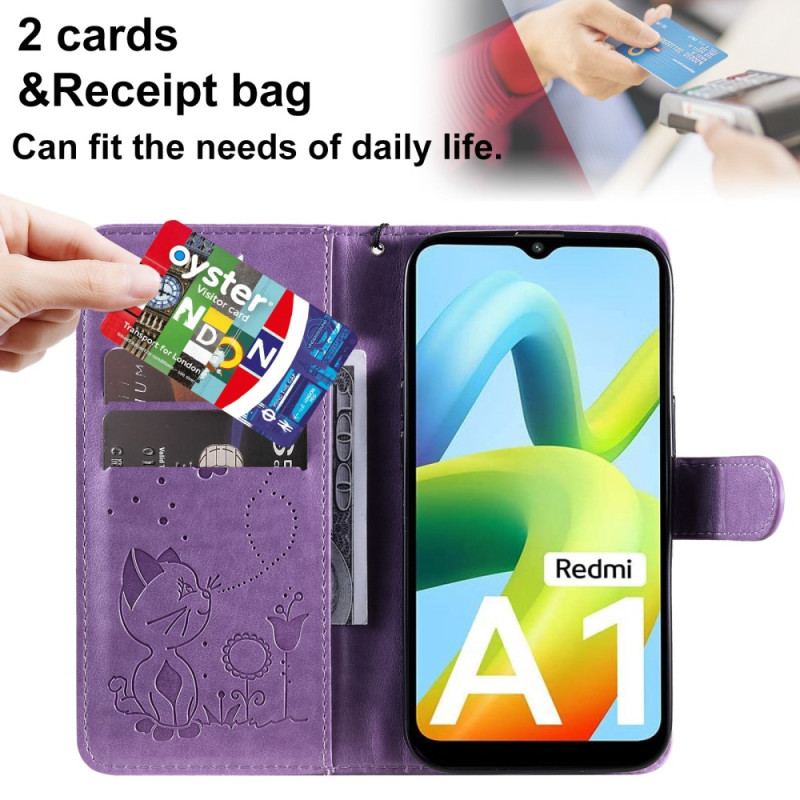 Capa Flip Para Xiaomi Redmi A1 De Cordão Gato E Abelha Com Cordão
