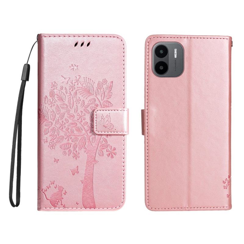 Capa Folio Para Xiaomi Redmi A1 De Cordão Árvore E Gato Strappy