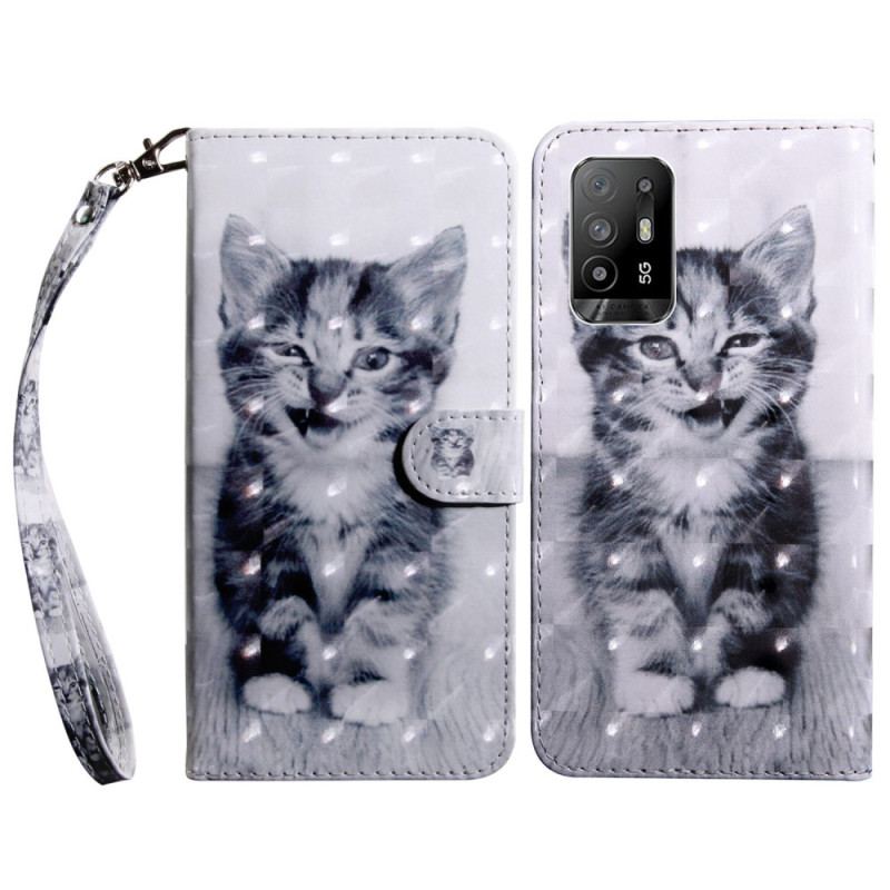 Capa De Couro Para Oppo A94 5G Gatinho Com Cordão