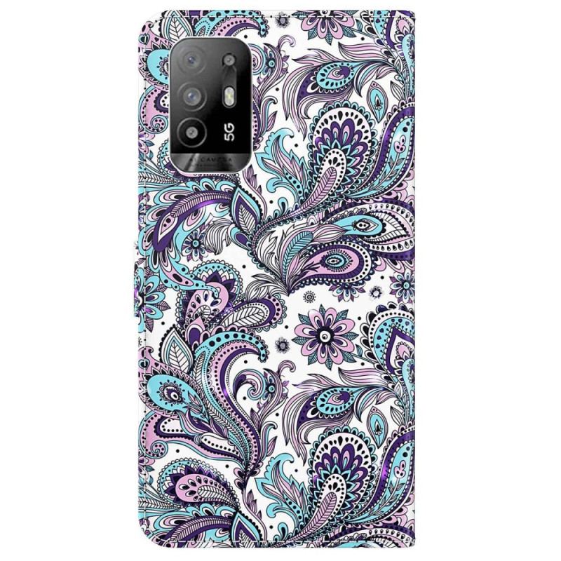 Capa De Couro Para Oppo A94 5G Padrões De Flores Com Alça