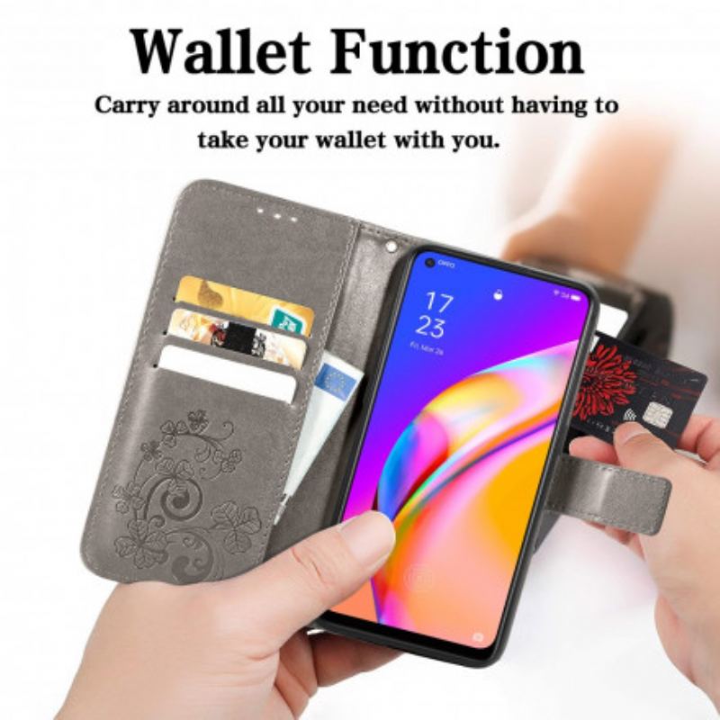 Capa Em Pele Para Oppo A94 5G Trevo-de-quatro-folhas