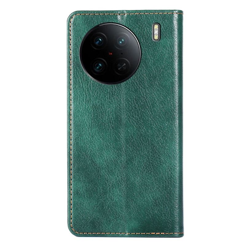 Capa De Celular Para Vivo X90 Pro Flip Costura De Couro Falso