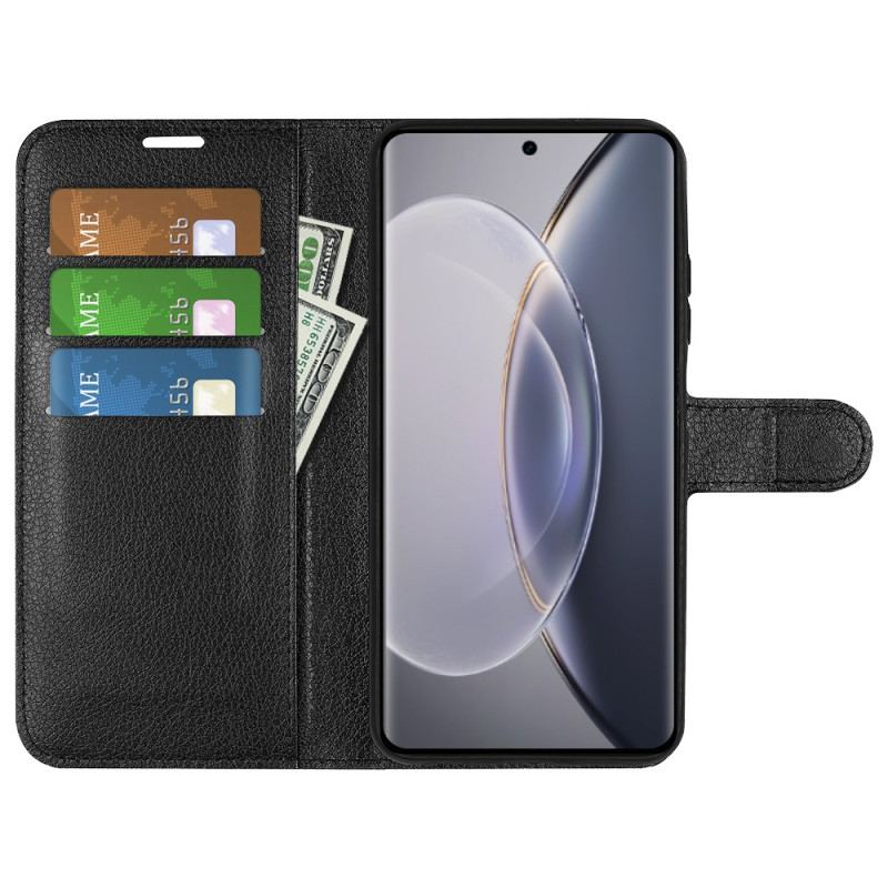 Capa Flip Para Vivo X90 Pro Couro Sintético De Lichia Clássico