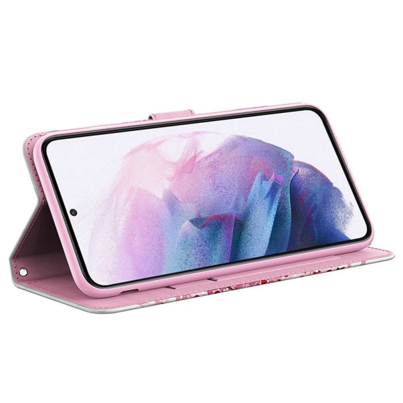 Capa De Couro Para Samsung Galaxy S23 Plus 5G De Cordão Árvore E Gato Strappy