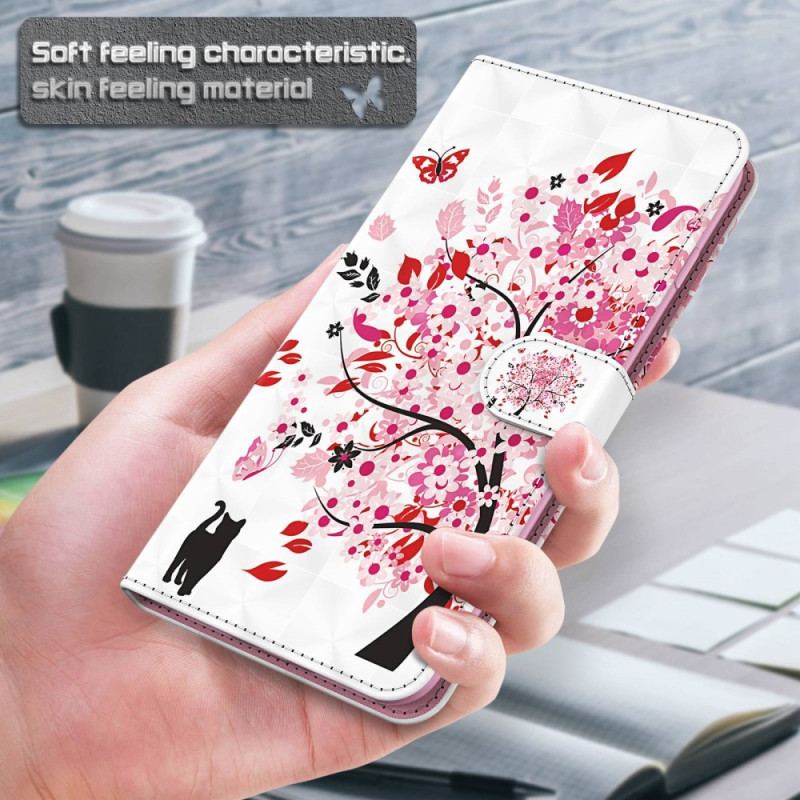 Capa De Couro Para Samsung Galaxy S23 Plus 5G De Cordão Árvore E Gato Strappy
