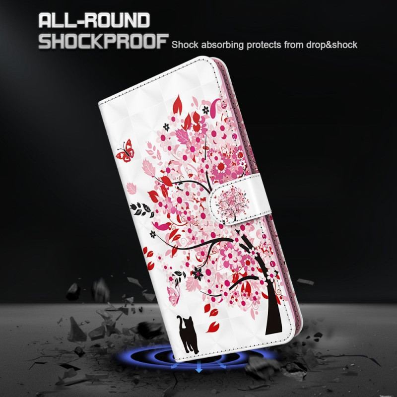 Capa De Couro Para Samsung Galaxy S23 Plus 5G De Cordão Árvore E Gato Strappy