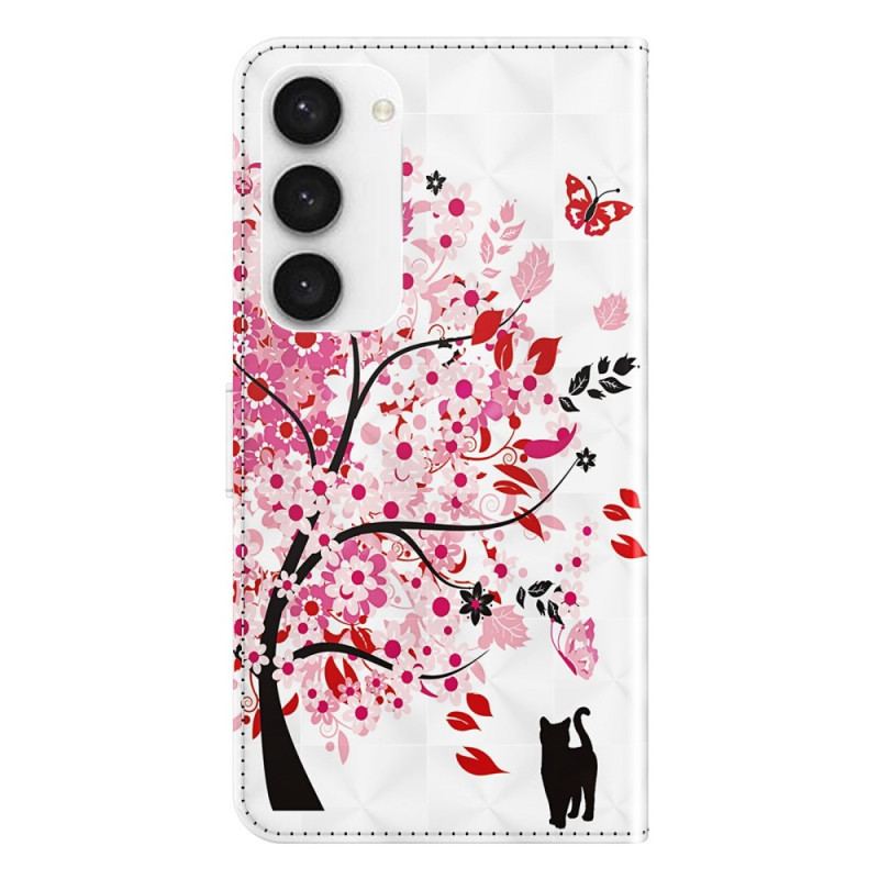 Capa De Couro Para Samsung Galaxy S23 Plus 5G De Cordão Árvore E Gato Strappy