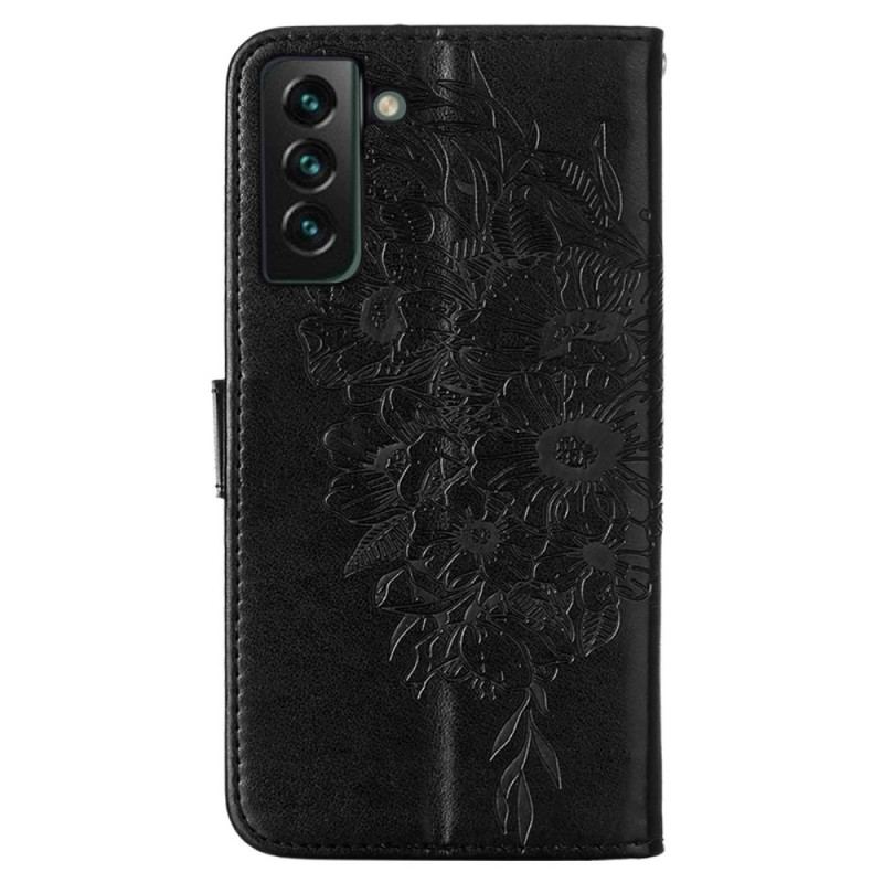 Capa De Couro Para Samsung Galaxy S23 Plus 5G De Cordão Borboleta De Tiras Barroca