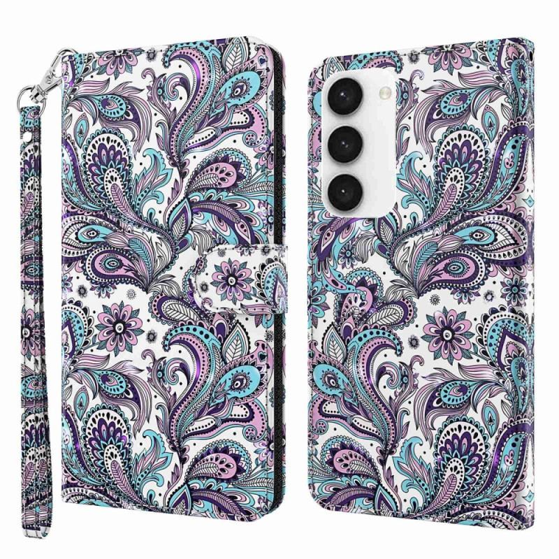 Capa De Couro Para Samsung Galaxy S23 Plus 5G De Cordão Padrão Strappy Paisley