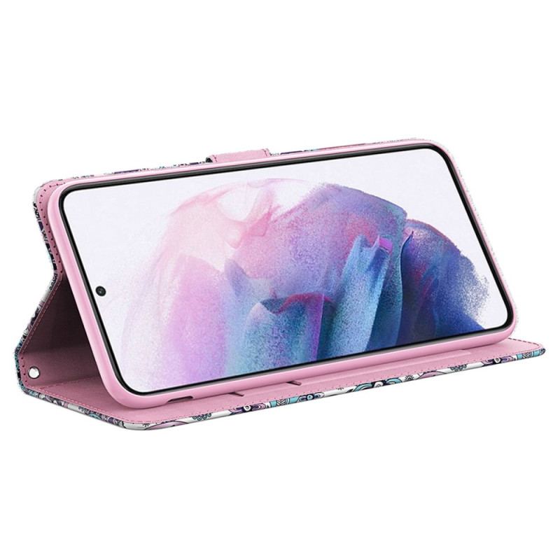 Capa De Couro Para Samsung Galaxy S23 Plus 5G De Cordão Padrão Strappy Paisley