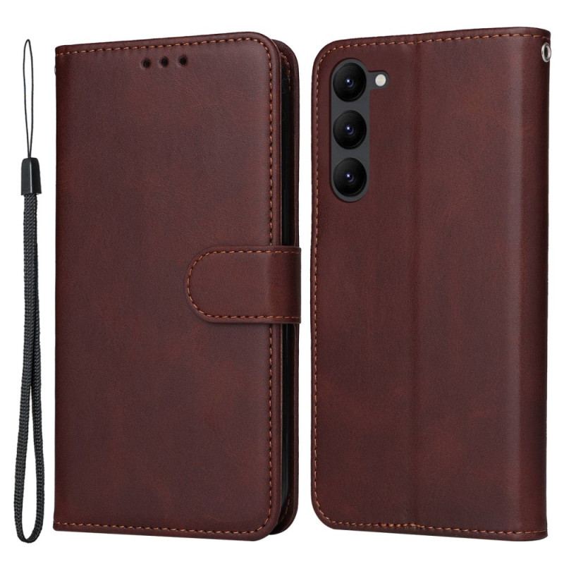 Capa De Couro Para Samsung Galaxy S23 Plus 5G De Cordão Simples Com Alça