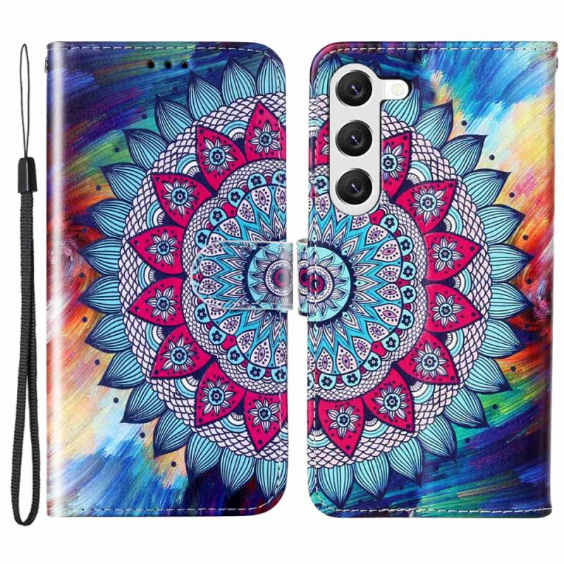Capa Flip Para Samsung Galaxy S23 Plus 5G De Cordão Mandala De Tiras Coloridas