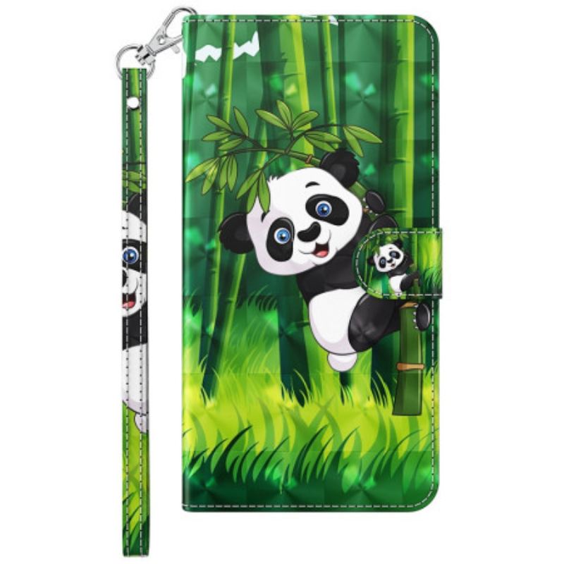 Capa Flip Para Samsung Galaxy S23 Plus 5G De Cordão Panda E Bambu Com Lanyard