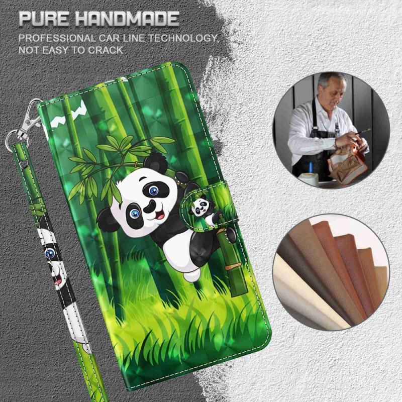 Capa Flip Para Samsung Galaxy S23 Plus 5G De Cordão Panda E Bambu Com Lanyard