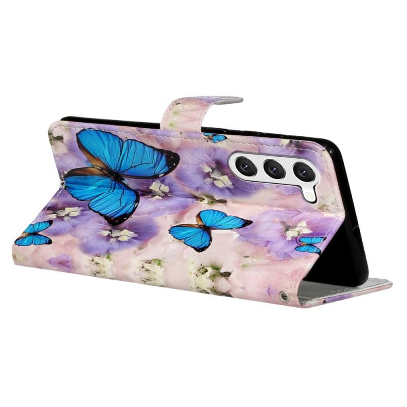 Capa Flip Para Samsung Galaxy S23 Plus 5G De Cordão Tanga Borboletas Coloridas